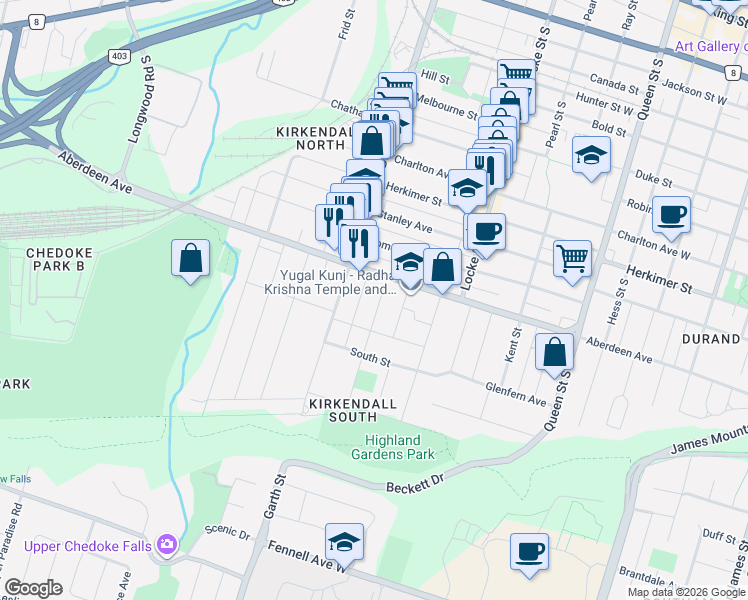 map of restaurants, bars, coffee shops, grocery stores, and more near 10 Beulah Avenue in Hamilton