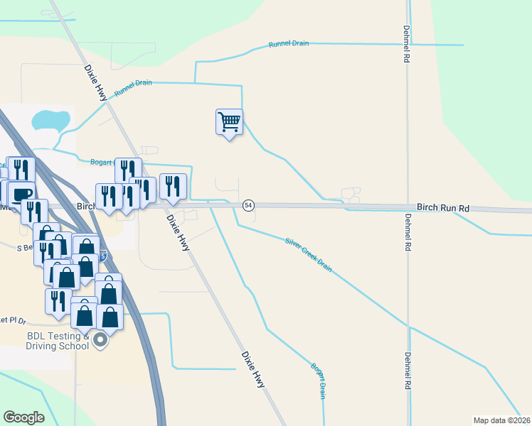 map of restaurants, bars, coffee shops, grocery stores, and more near 9600 Birch Run Road in Birch Run