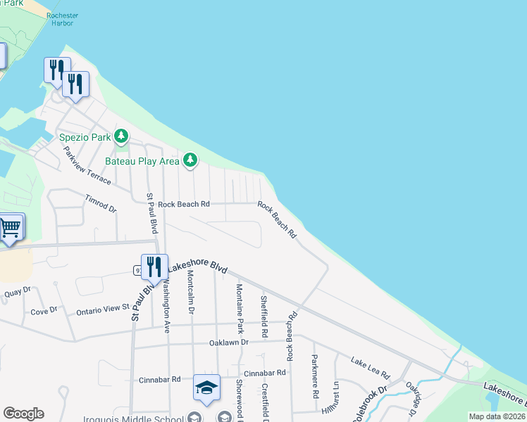 map of restaurants, bars, coffee shops, grocery stores, and more near 389 Rock Beach Road in Rochester