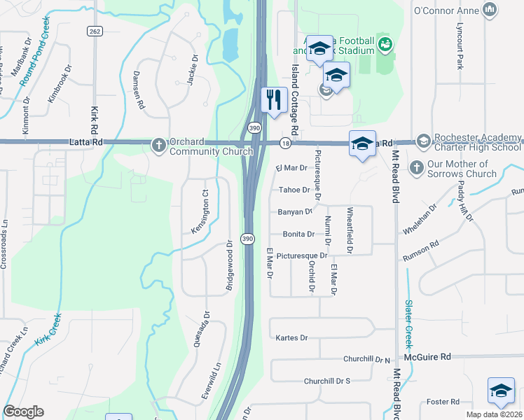 map of restaurants, bars, coffee shops, grocery stores, and more near 421 El Mar Drive in Rochester