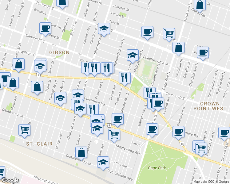 map of restaurants, bars, coffee shops, grocery stores, and more near in Hamilton