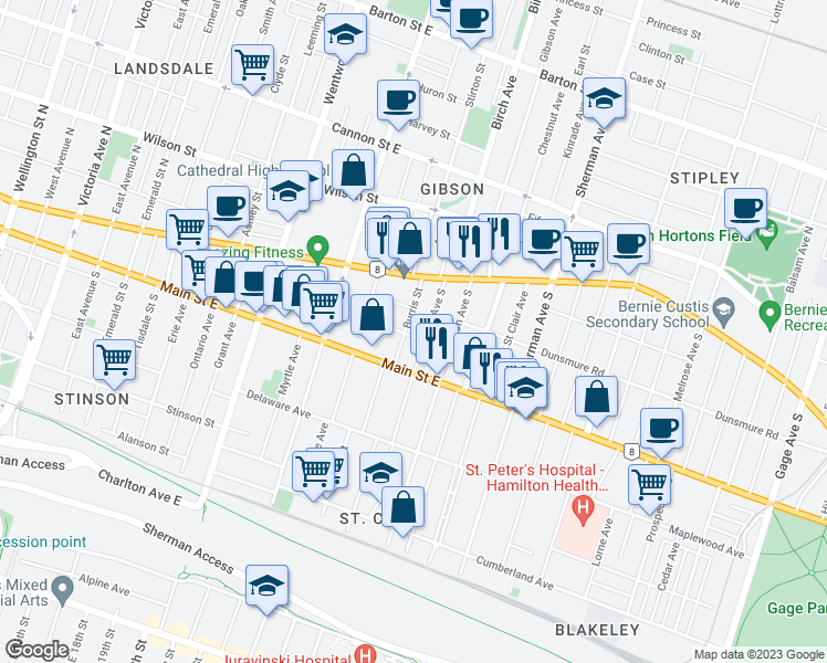 map of restaurants, bars, coffee shops, grocery stores, and more near in Hamilton