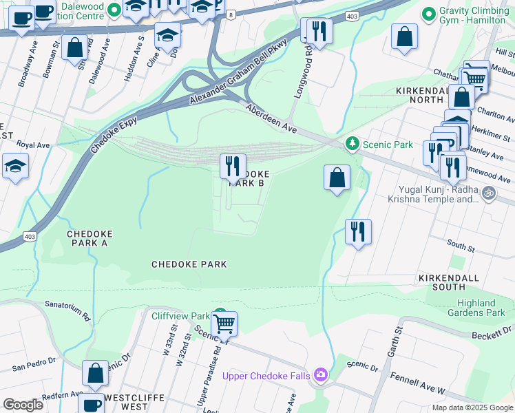 map of restaurants, bars, coffee shops, grocery stores, and more near 120 Beddoe Drive in Hamilton