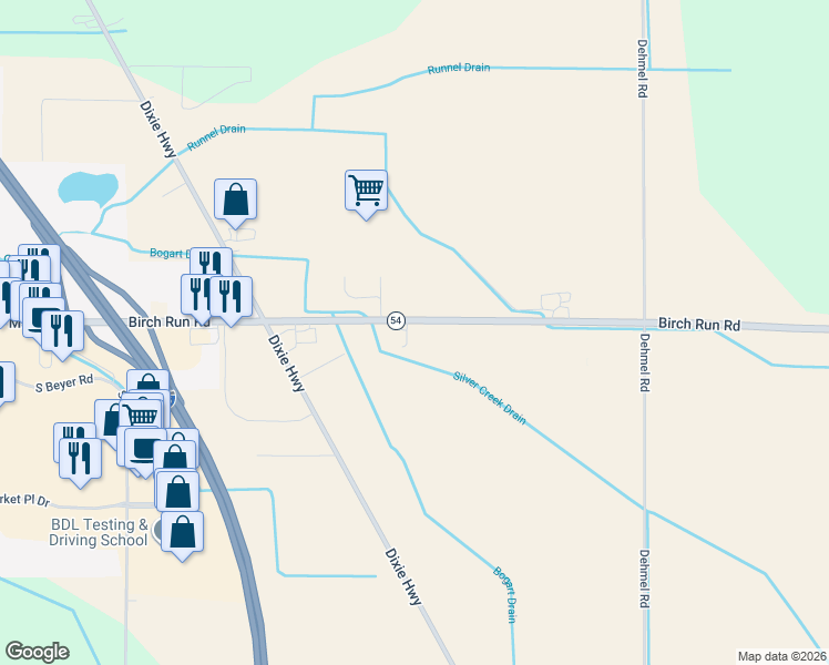 map of restaurants, bars, coffee shops, grocery stores, and more near 9600 Birch Run Road in Birch Run