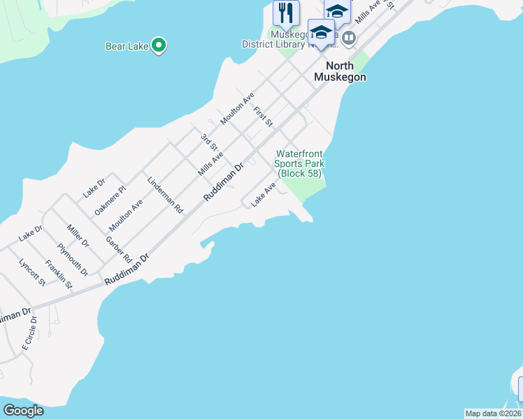 map of restaurants, bars, coffee shops, grocery stores, and more near 919 Lake Avenue in Muskegon