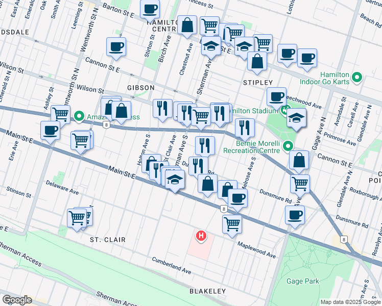 map of restaurants, bars, coffee shops, grocery stores, and more near 44 Garfield Avenue South in Hamilton