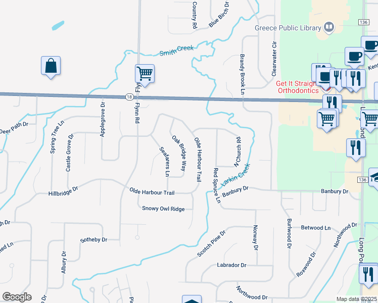 map of restaurants, bars, coffee shops, grocery stores, and more near 233 Olde Harbour Trail in Rochester