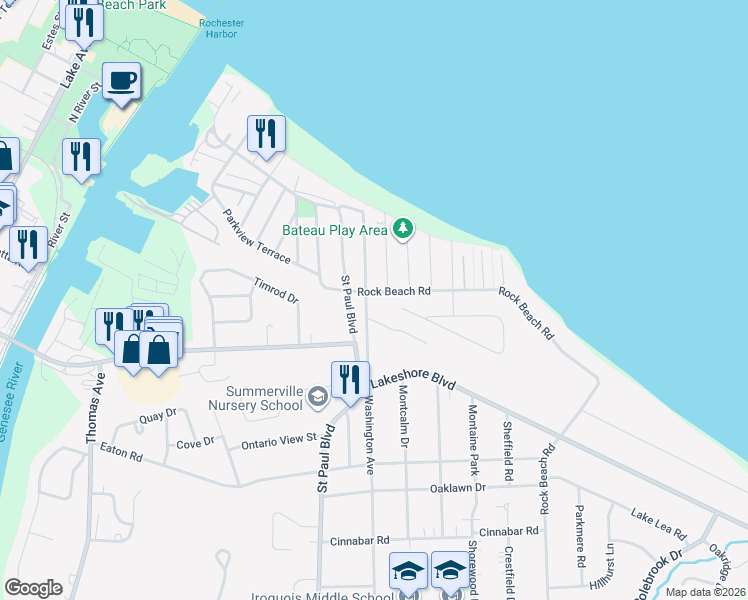 map of restaurants, bars, coffee shops, grocery stores, and more near 589 Rock Beach Road in Rochester