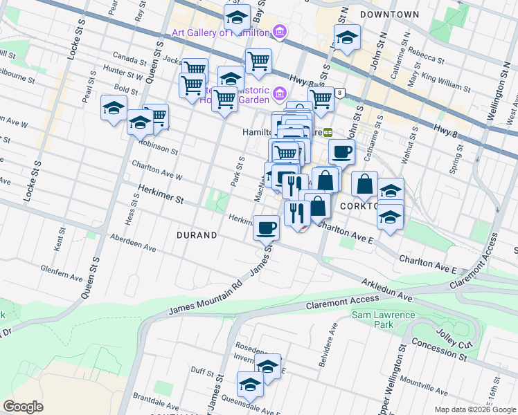 map of restaurants, bars, coffee shops, grocery stores, and more near 223 MacNab Street South in Hamilton