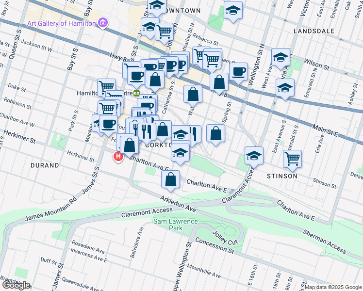 map of restaurants, bars, coffee shops, grocery stores, and more near 157 Walnut Street South in Hamilton