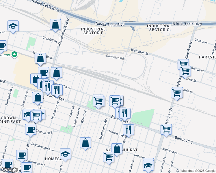 map of restaurants, bars, coffee shops, grocery stores, and more near 453 Paling Avenue in Hamilton