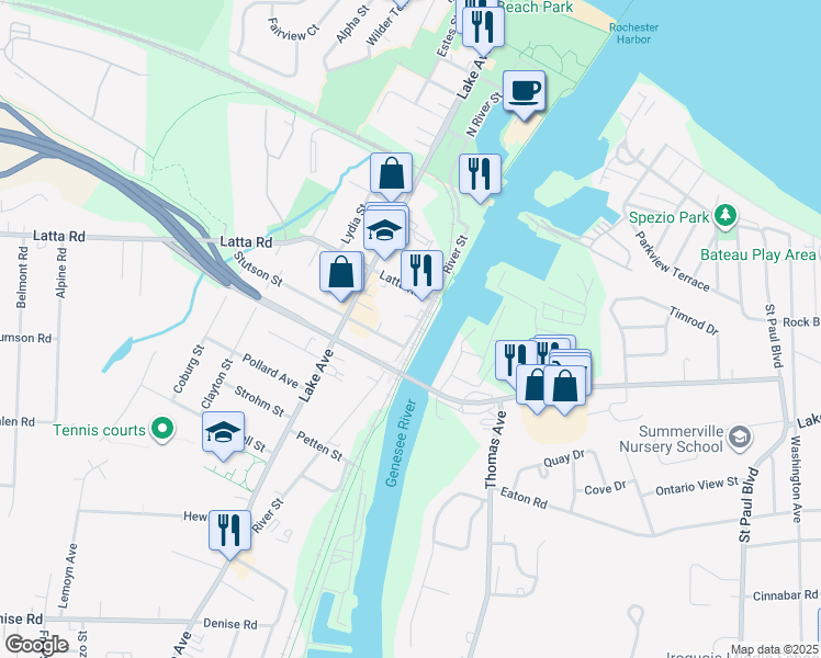 map of restaurants, bars, coffee shops, grocery stores, and more near 385 River Street in Rochester