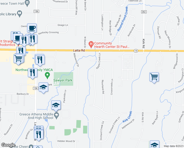 map of restaurants, bars, coffee shops, grocery stores, and more near 121 Apple Creek Lane in Rochester