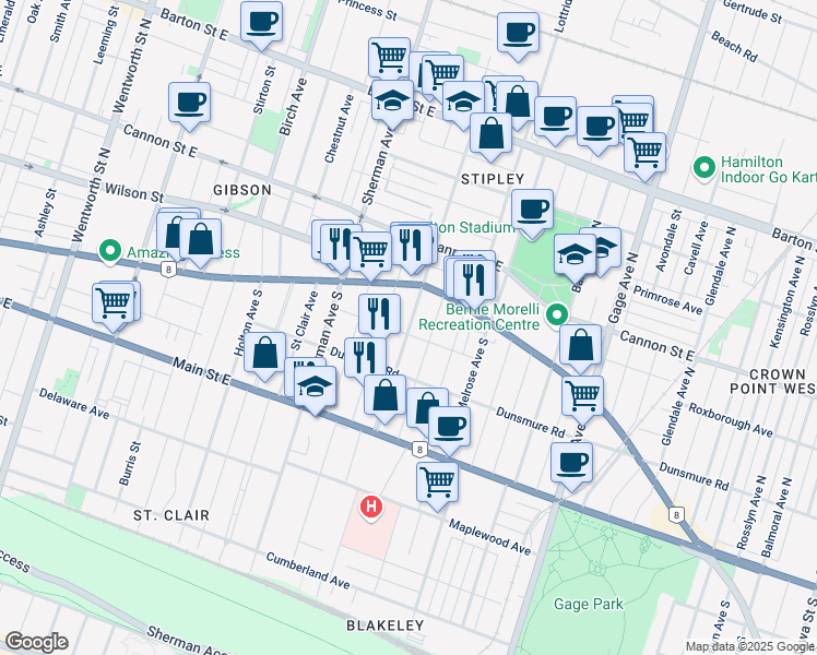 map of restaurants, bars, coffee shops, grocery stores, and more near Barnesdale Avenue South in Hamilton