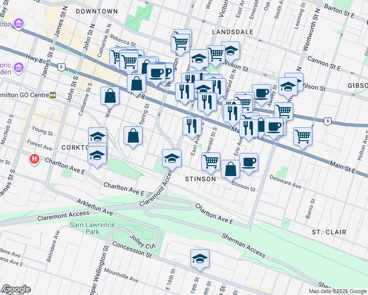 map of restaurants, bars, coffee shops, grocery stores, and more near 95 Victoria Avenue South in Hamilton