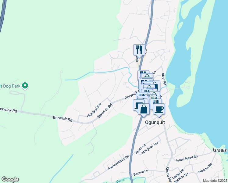 map of restaurants, bars, coffee shops, grocery stores, and more near 120 Village Highlands in Ogunquit