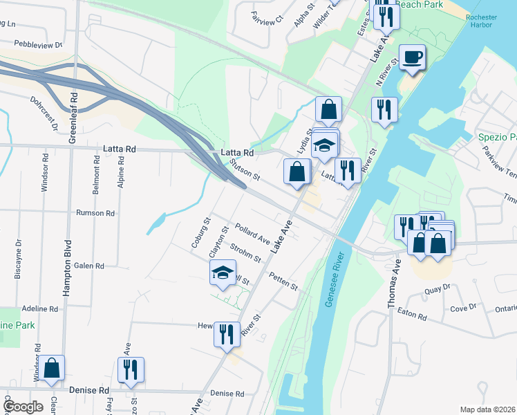 map of restaurants, bars, coffee shops, grocery stores, and more near 75 Upton Place in Rochester