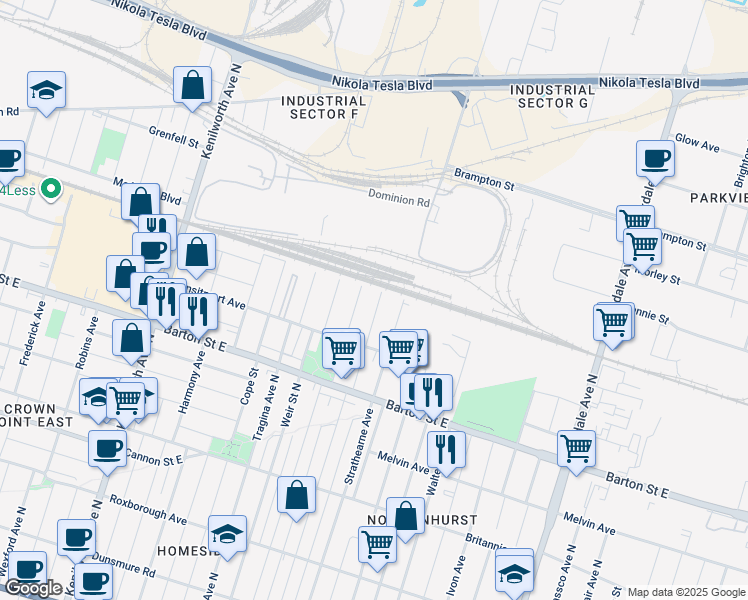 map of restaurants, bars, coffee shops, grocery stores, and more near in Hamilton