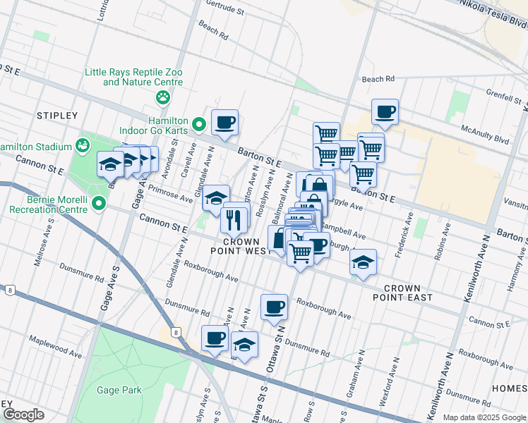 map of restaurants, bars, coffee shops, grocery stores, and more near in Hamilton