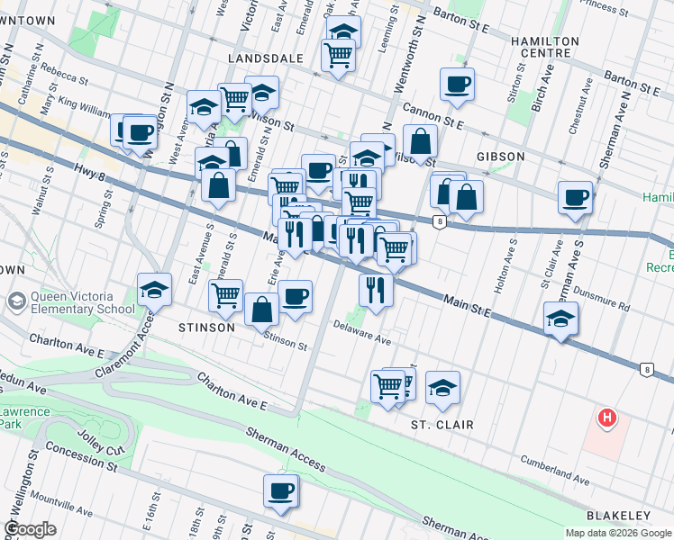 map of restaurants, bars, coffee shops, grocery stores, and more near 71 Wentworth Street South in Hamilton