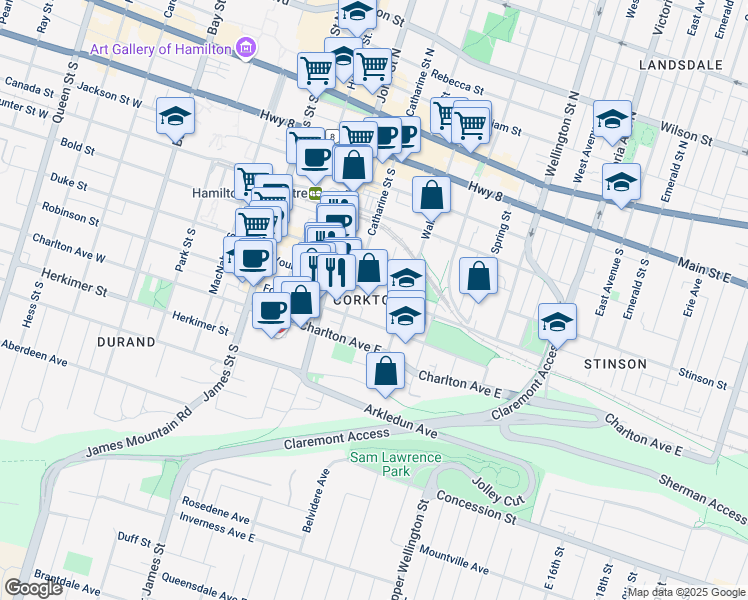 map of restaurants, bars, coffee shops, grocery stores, and more near in Hamilton