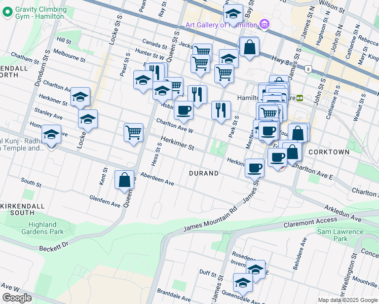 map of restaurants, bars, coffee shops, grocery stores, and more near 116 Markland Street in Hamilton