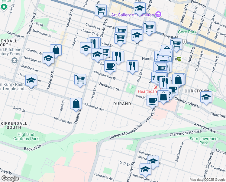 map of restaurants, bars, coffee shops, grocery stores, and more near 116 Markland Street in Hamilton