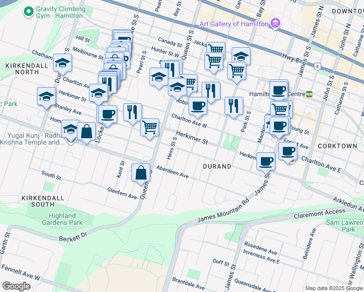 map of restaurants, bars, coffee shops, grocery stores, and more near 10 Bruce Street in Hamilton
