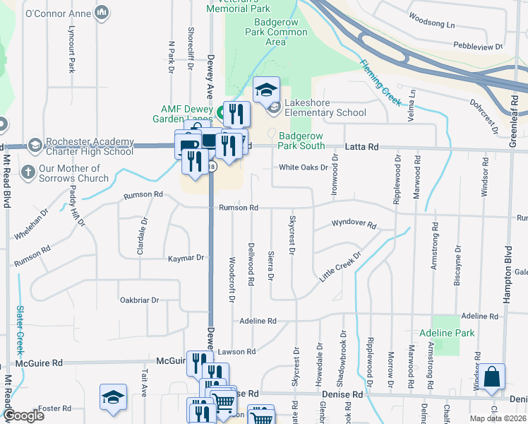 map of restaurants, bars, coffee shops, grocery stores, and more near 207 Sierra Drive in Rochester