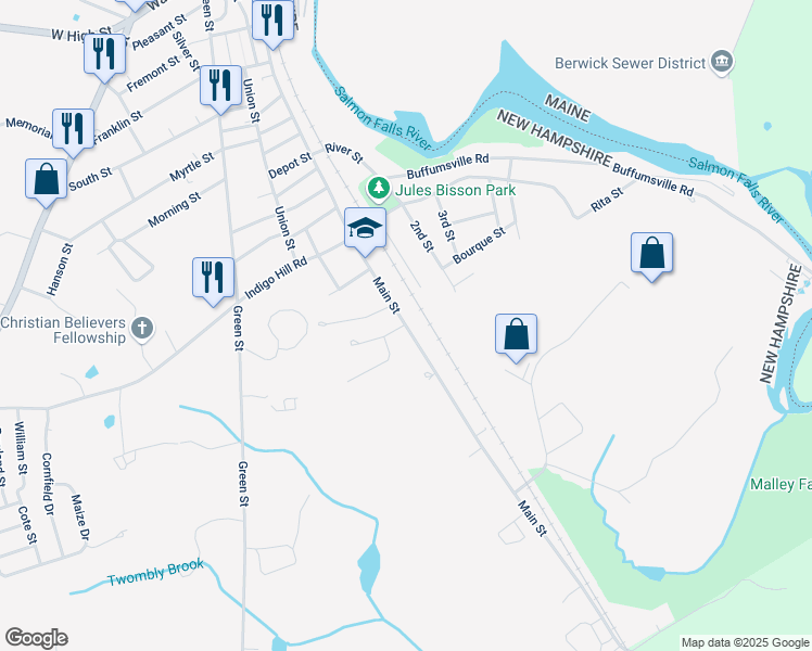 map of restaurants, bars, coffee shops, grocery stores, and more near 350 Main Street in Somersworth