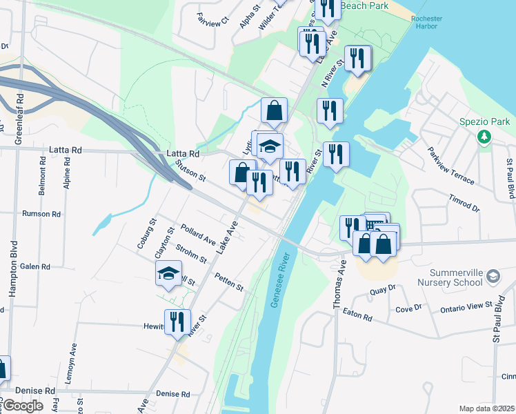 map of restaurants, bars, coffee shops, grocery stores, and more near 75 Stutson Street in Rochester