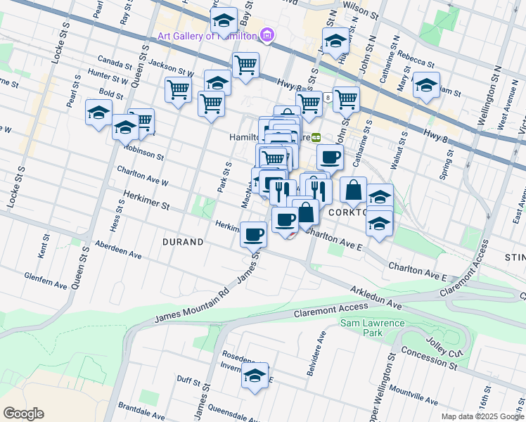 map of restaurants, bars, coffee shops, grocery stores, and more near 232 James Street South in Hamilton