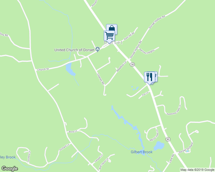 map of restaurants, bars, coffee shops, grocery stores, and more near 249 Meadow Lane in Dorset