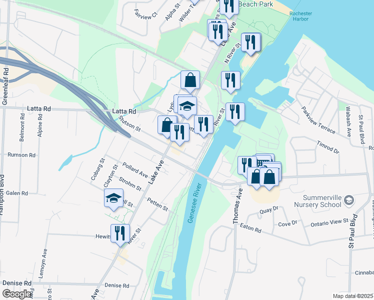 map of restaurants, bars, coffee shops, grocery stores, and more near 34 Stutson Street in Rochester