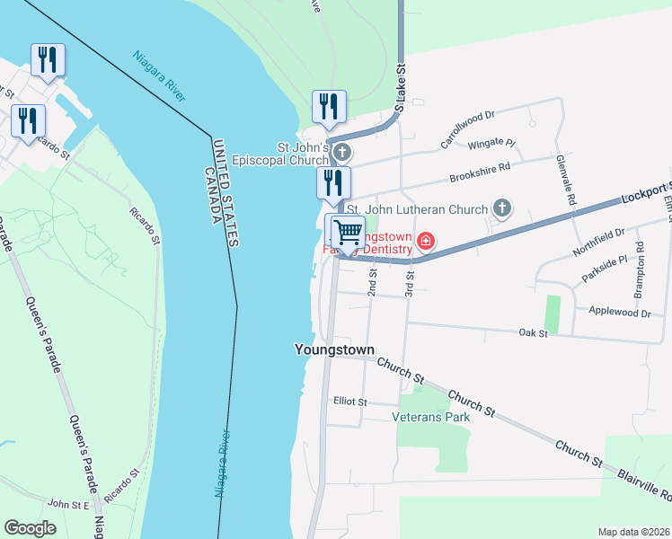 map of restaurants, bars, coffee shops, grocery stores, and more near Main Street in Youngstown