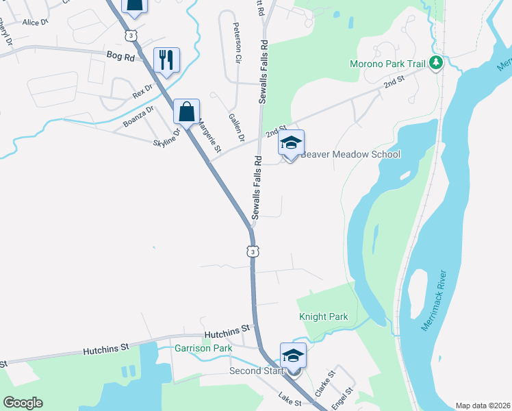 map of restaurants, bars, coffee shops, grocery stores, and more near 20 Sewalls Falls Road in Concord