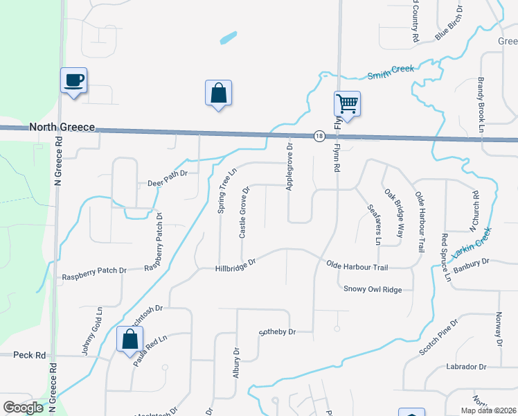 map of restaurants, bars, coffee shops, grocery stores, and more near 127 Castle Grove Drive in Rochester