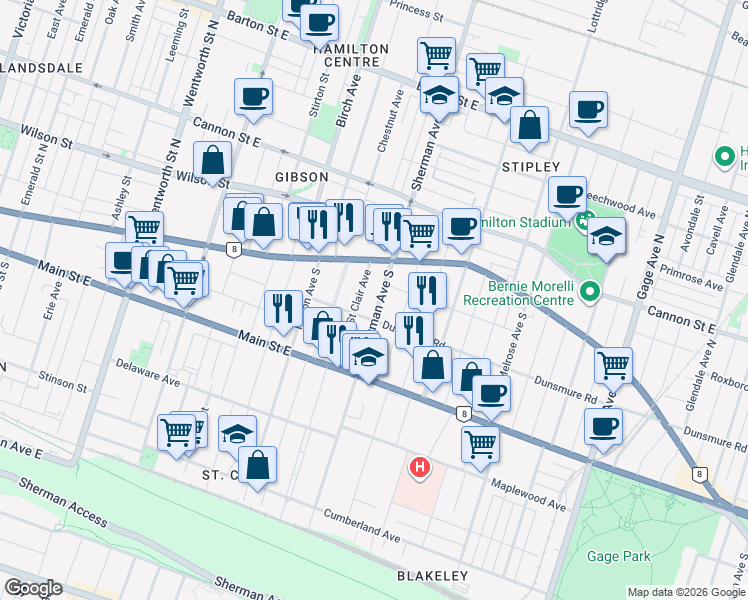map of restaurants, bars, coffee shops, grocery stores, and more near 36 Sherman Avenue South in Hamilton