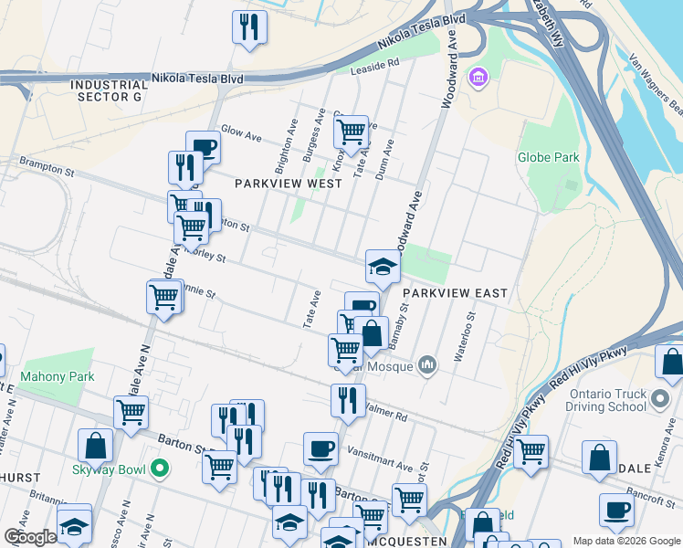 map of restaurants, bars, coffee shops, grocery stores, and more near in Hamilton