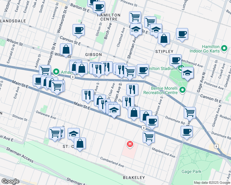 map of restaurants, bars, coffee shops, grocery stores, and more near 59 Sherman Avenue South in Hamilton