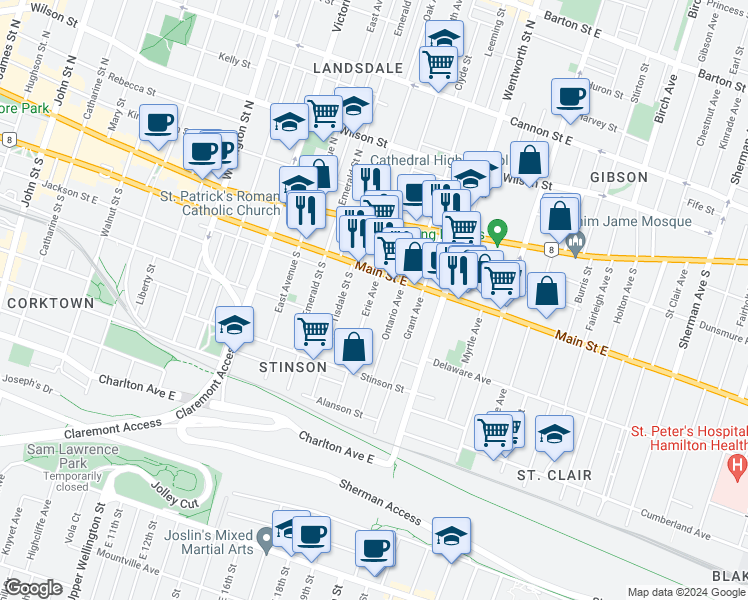 map of restaurants, bars, coffee shops, grocery stores, and more near 29 Erie Avenue in Hamilton