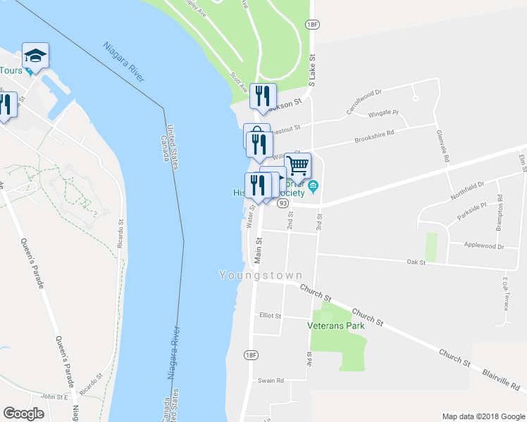 map of restaurants, bars, coffee shops, grocery stores, and more near 420 Main Street in Youngstown