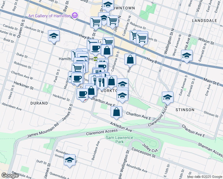 map of restaurants, bars, coffee shops, grocery stores, and more near 108 Young Street in Hamilton