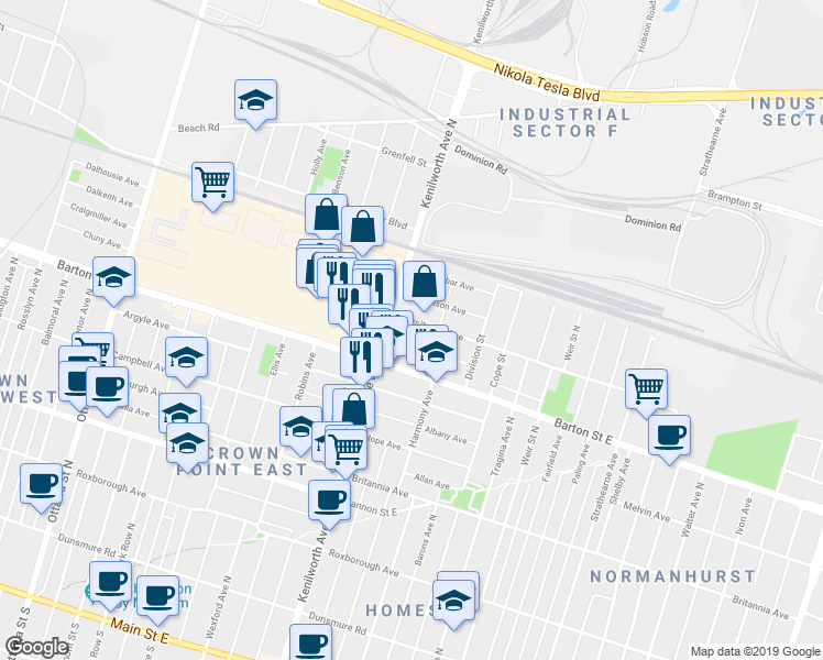 map of restaurants, bars, coffee shops, grocery stores, and more near in Hamilton