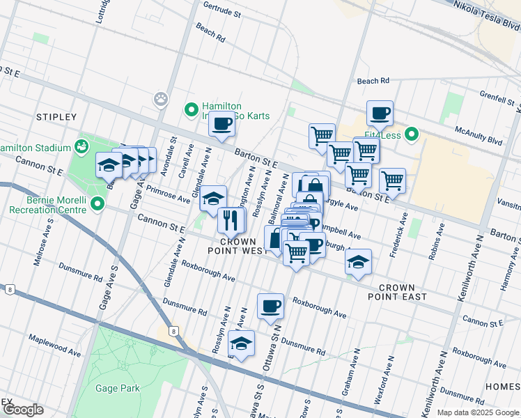 map of restaurants, bars, coffee shops, grocery stores, and more near in Hamilton