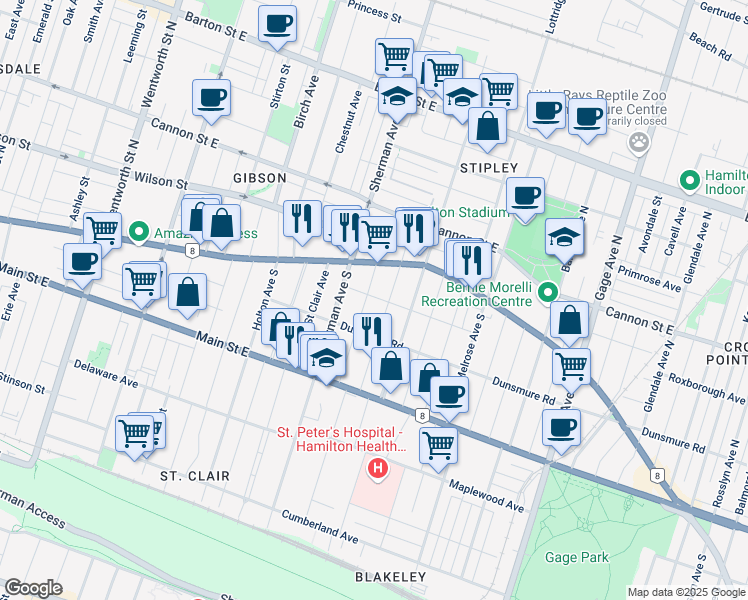 map of restaurants, bars, coffee shops, grocery stores, and more near 52 Fairholt Road South in Hamilton