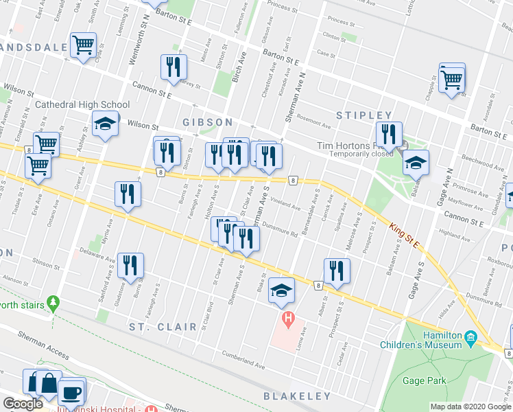 map of restaurants, bars, coffee shops, grocery stores, and more near 59 Sherman Avenue South in Hamilton