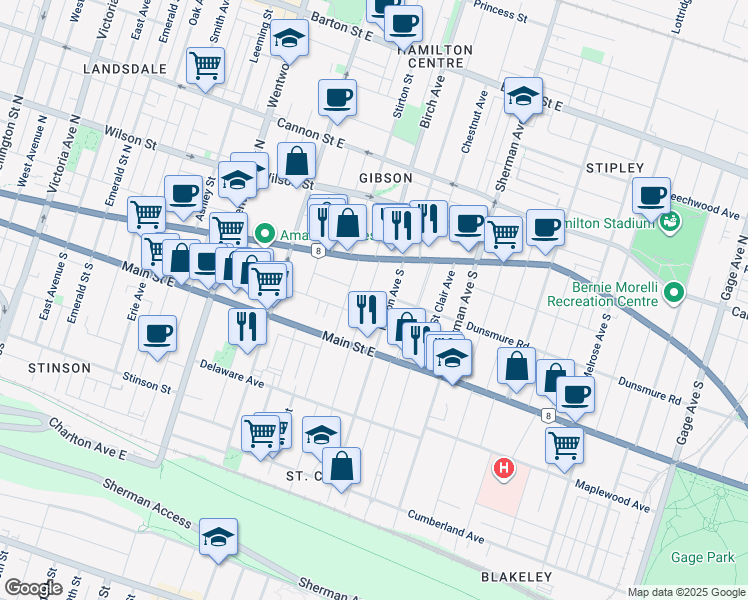 map of restaurants, bars, coffee shops, grocery stores, and more near in Hamilton