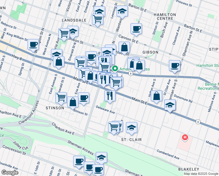 map of restaurants, bars, coffee shops, grocery stores, and more near 554 Main Street East in Hamilton