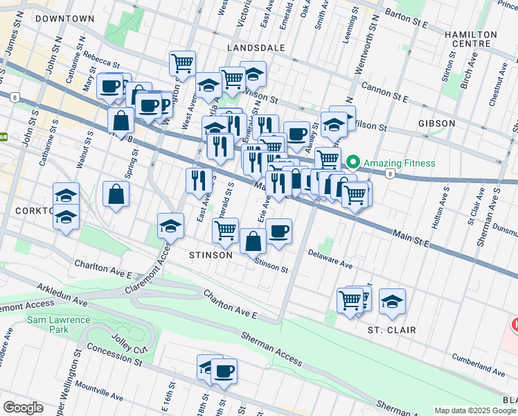 map of restaurants, bars, coffee shops, grocery stores, and more near 73 Tisdale Street South in Hamilton